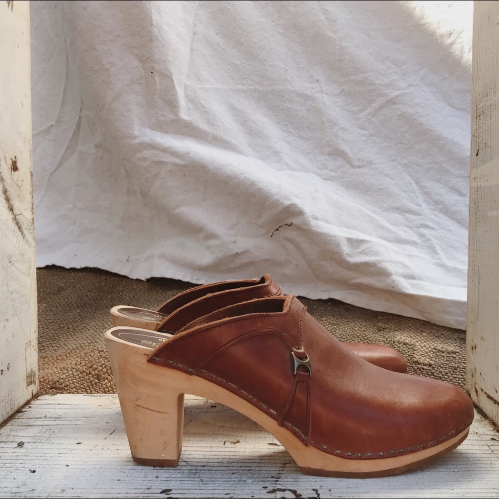 Swedish Leather and Wooden Heel Clogs